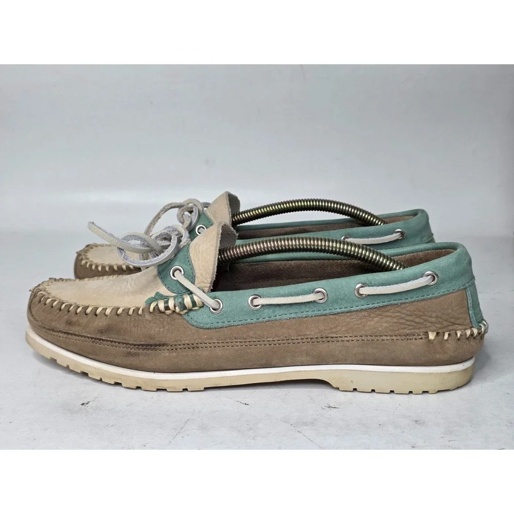 GH Bass Men's Boat Shoes Size 8.5 Brown Teal‎ Beige Suede Slip On Arch Loafers